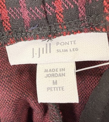 J Jill Ponte Slim Leg Pants Medium Petite Red Black Plaid Womens MP Knit Pull On