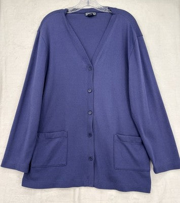 Lands End Cardigan Large Womens Indigo Blue Vintage Long Sleeve V Neck Button
