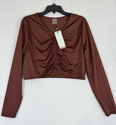 Calia Rash Guard XXL Long Sleeve Ruched Top Red Brown Womens Swim Shirt NEW