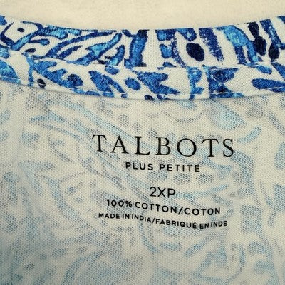 Talbots Tee 2X Petite Short Sleeve Pocket Top Blue Print Womens Plus Size 2XP