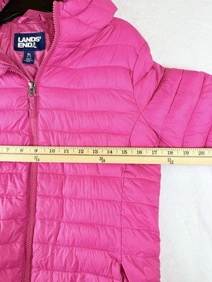 Lands End Girls Jacket XL Puffer Coat Pink Hooded Full Zip
