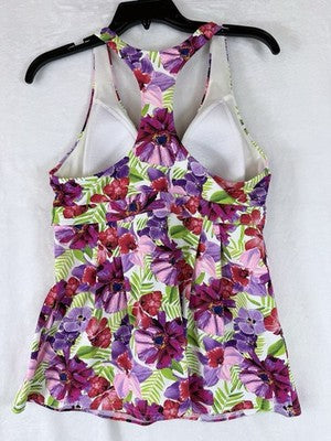Lands End Tankini Top 8 Flutter Pink Floral Print Swim Swimsuit Womens