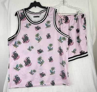 Men’s XL Tank Top Large Shorts Set Pink Skulls Grim Reaper Sleeveless Shirt