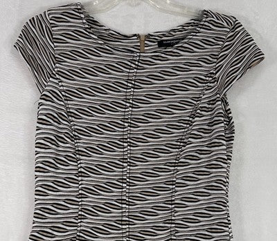 Sharagano Dress Size 8 Fit Flare Sheath Short Knit Tan Beige Navy Blue