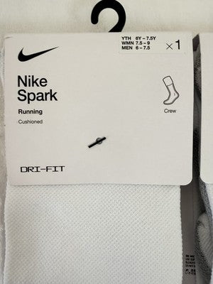 Nike Spark Running Socks Crew White Men 6-7.5 Women 7.5-9 Cushioned Lot New