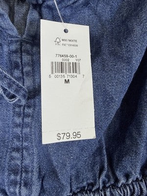 Gap Denim Mini Dress Medium Womens Blue Fit Flare Tie-Front Smocked Waist New