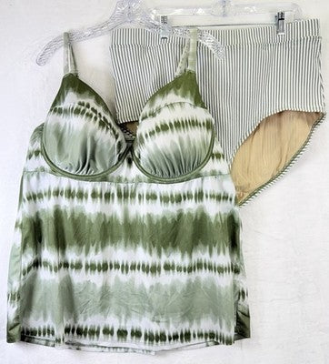 Cacique Swim 26 Tankini Top Bottom Set Green 44DDD Underwire Swimsuit Womens