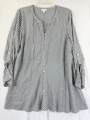 J Jill Large Top Tunic Blouse Gray White Stripe Lightweight Long Sleeve Roll Tab