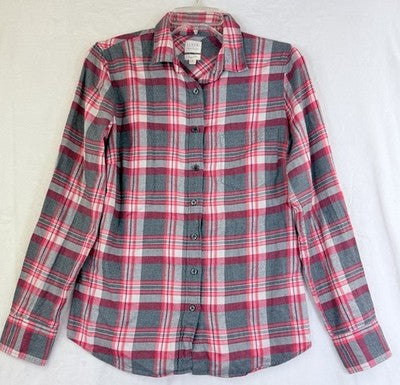 J Crew Flannel Shirt Women Small Gray Plaid Perfect Fit Button Up Top Long