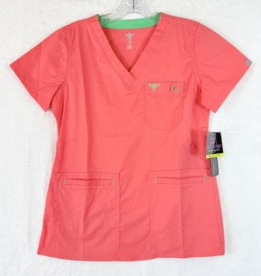 Med Couture Insight Scrub Top XS Women V Neck Short Sleeve Coral Pink New NWT