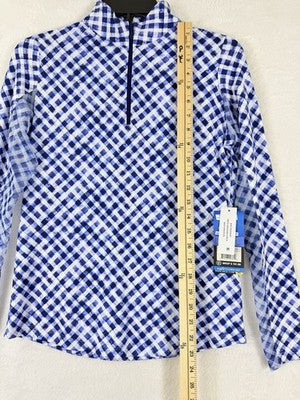 IBKUL Womens Long Sleeve Top XS 1/4 Zip Mock Neck Blue Gingham Check Golf 18076