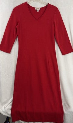 Vintage Talbots Dress Small Red Ponte Knit 3/4 Sleeve Midi Stretch Womens