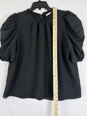 LOFT Top Medium Black Puff Short Sleeve Ruffle Neck Blouse Womens