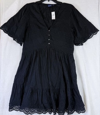 Gap Eyelet Mini Dress Large Womens Black Short Flutter Sleeve Fit & Flare New