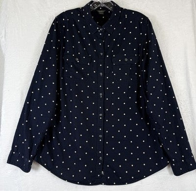 Eddie Bauer Flannel Shirt Womens Large Tall Blue Polka Dot Button Up Top Cotton