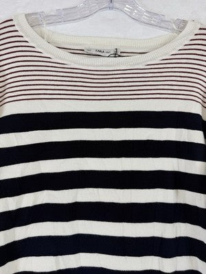 Zara Knit Sweater Women Small Ivory Navy Blue Stripe Long Sleeve Top NWOT