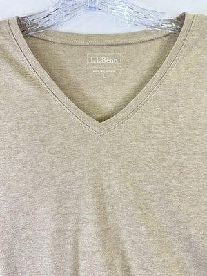 LL Bean T Shirt Large Womens Short Sleeve V Neck 100% Cotton Beige