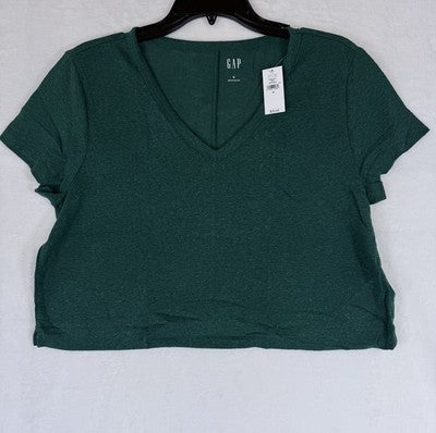 Gap Top Small Women Linen Blend V Neck Crop T Shirt Tee Green New NWT