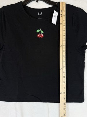 Gap Cropped Tee Large Black Cherries Embroidered Women Top Short Sleeve New NWT