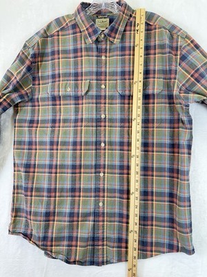 LL Bean Sunwashed Canvas Shirt Large Mens Long Sleeve Green Blue Plaid Button Up