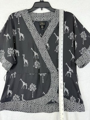 Worthington Top Medium Womens Short Sleeve Black Giraffes V Neck Safari Blouse
