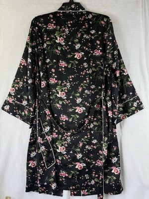 Gap Body Satin Robe Medium Large Womens Black Floral Short Belt