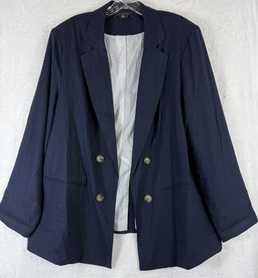 Tahari Blazer 1X Women Linen Blend Navy Blue Open Front Jacket Plus Size