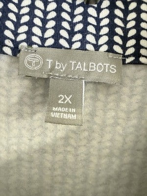 T By Talbots Jacket 2X Knit Full Zip Long Sleeve Mock Neck Blue Print Cotton