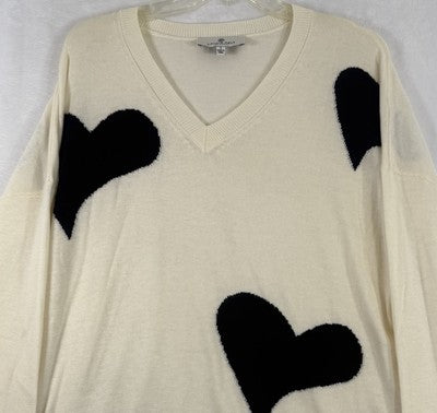 Laurie Felt Sweater Small Ivory White Black Hearts Cashmere Blend Print Womens
