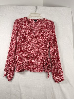 Talbots XS Blouse Wrap Top Long Sleeve Red White Print Lightweight Viscose