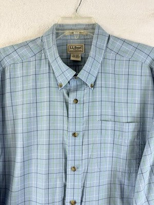 LL Bean Shirt XXL Mens Button Down Blue Plaid Wrinkle Resistant Traditional Fit