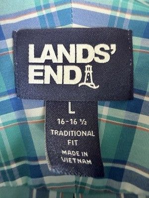 Lands End Large Shirt Blue Plaid Long Sleeve Traditional Fit
