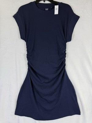 Gap Ruched Mini Dress Medium Short Sleeve Navy Blue Knit Womens Cotton Modal New