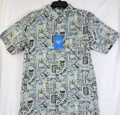 Columbia PFG Shirt Small Mens Short Sleeve Fishing Wild Cast Blue Button Up New