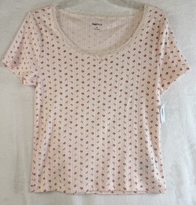 Gap Body Pajama Top Womens Medium Pink Floral Pointelle PJ Short Sleeve New NWT