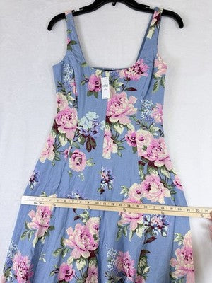 Gap Maxi Dress XS Petite Linen Blend Square Neck Blue Pink Floral Sleeveless New
