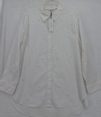 Calvin Klein Top 0X Long Sleeve Shirt White Button Up Pearl Embellished New NWT