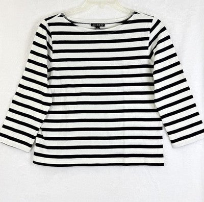 J Crew Top Women Small Boatneck White Navy Blue Striped 3/4 Sleeve 100% Cotton