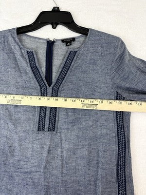 Ann Taylor Dress Small Petite Linen Tunic Blue Womens SP 3/4 Sleeve Embroidered