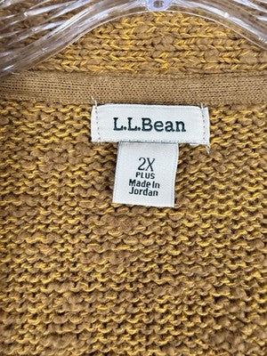 LL Bean Cardigan Sweater 2X Womens Gold Long Sleeve 100% Cotton Pocket Plus Size