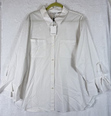 Calvin Klein Shirt 1X Womens Blouse Button Up White Ruffle Sleeve Womens New