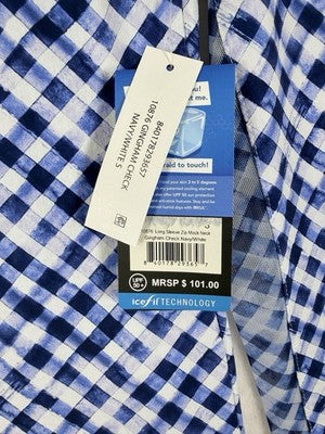 IBKUL Womens Long Sleeve Top Small 1/4 Zip Mock Neck Blue Gingham Check Golf