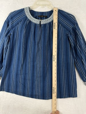 Massimo Dutti Top Womens Small Blue Embroidered Cotton Blouse 3/4 Sleeve Boho