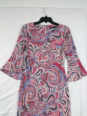 Tommy Hilfiger Dress 8 Bell Sleeve Shear Red Blue Paisley Print Womens