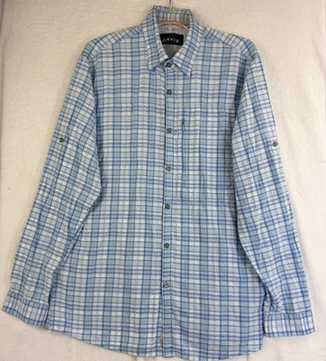 Orvis Button Down Shirt Medium Blue Plaid Long Sleeve Fishing Hiking