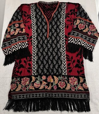 Alkaram Studio Tunic Top Large Fringe Boho  Womens Red Black Tribal Print
