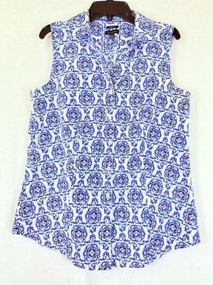 Talbots Non Iron Shirt 6 Womens Sleeveless Blue Print Button Down Cotton Womens