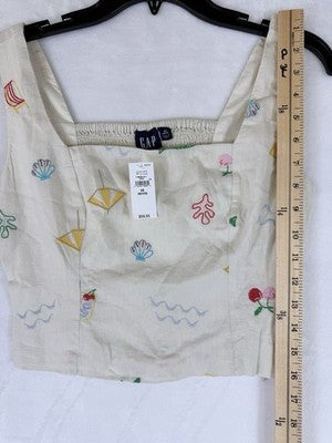 Gap Crop Top XS Petite Linen Blend Embroidered Tan Beige Sleeveless Women New