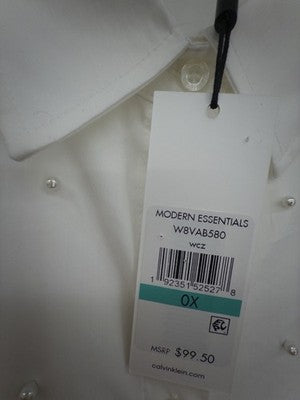 Calvin Klein Top 0X Long Sleeve Shirt White Button Up Pearl Embellished New NWT