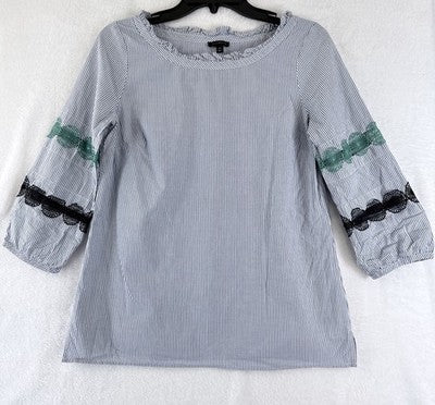 Talbots Top XS Blouse Blue White Striped Puff 3/4 Sleeve 100% Cotton Womens
